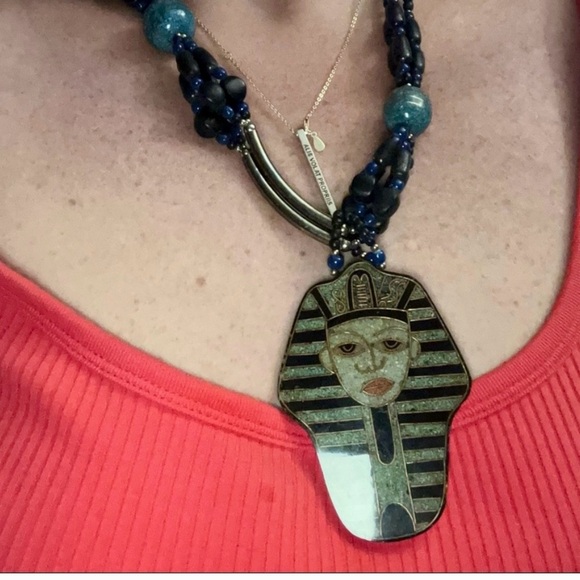 Vintage Lee Sands Egyptian Pharaoh Inlay Statement Necklace Multi-Strand Beaded - Picture 1 of 5